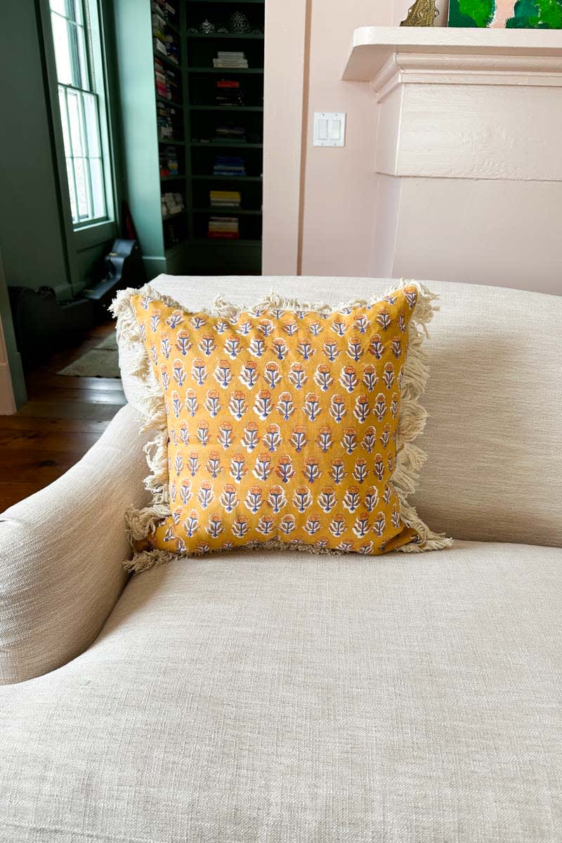20X20 Linen Pillow Covers with Cotton Fringe - French Marigolds Saffron Linen