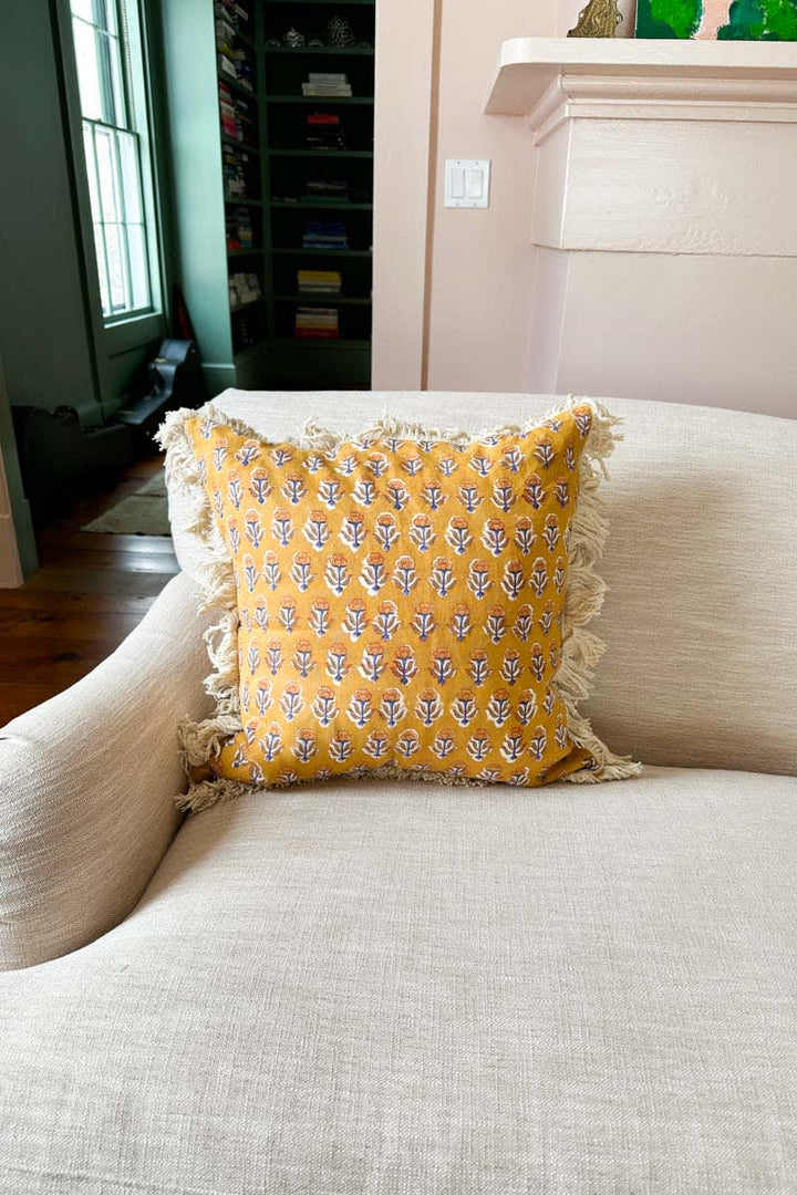 20X20 Linen Pillow Covers with Cotton Fringe - French Marigolds Saffron Linen