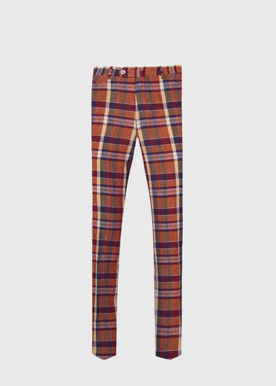 Linen Plaid Plain Front Dress Trouser - Coral Plaid
