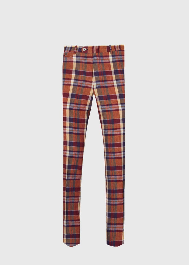 Linen Plaid Plain Front Dress Trouser - Coral Plaid