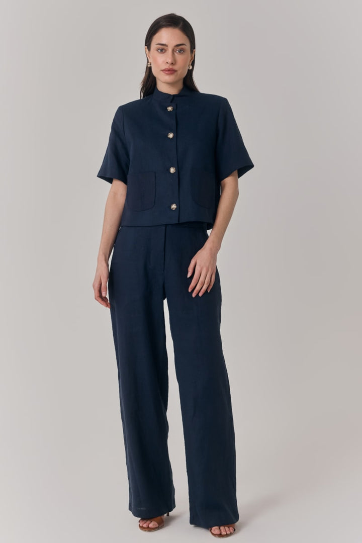 Short Sleeve Linen Jacket - Navy