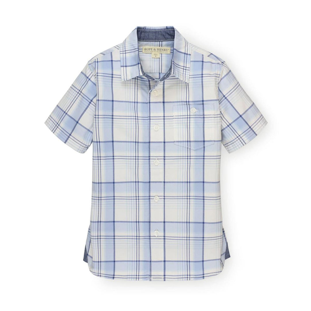 Stretch Short Sleeve Button Down Shirt - Classic Blue Tonal Plaid