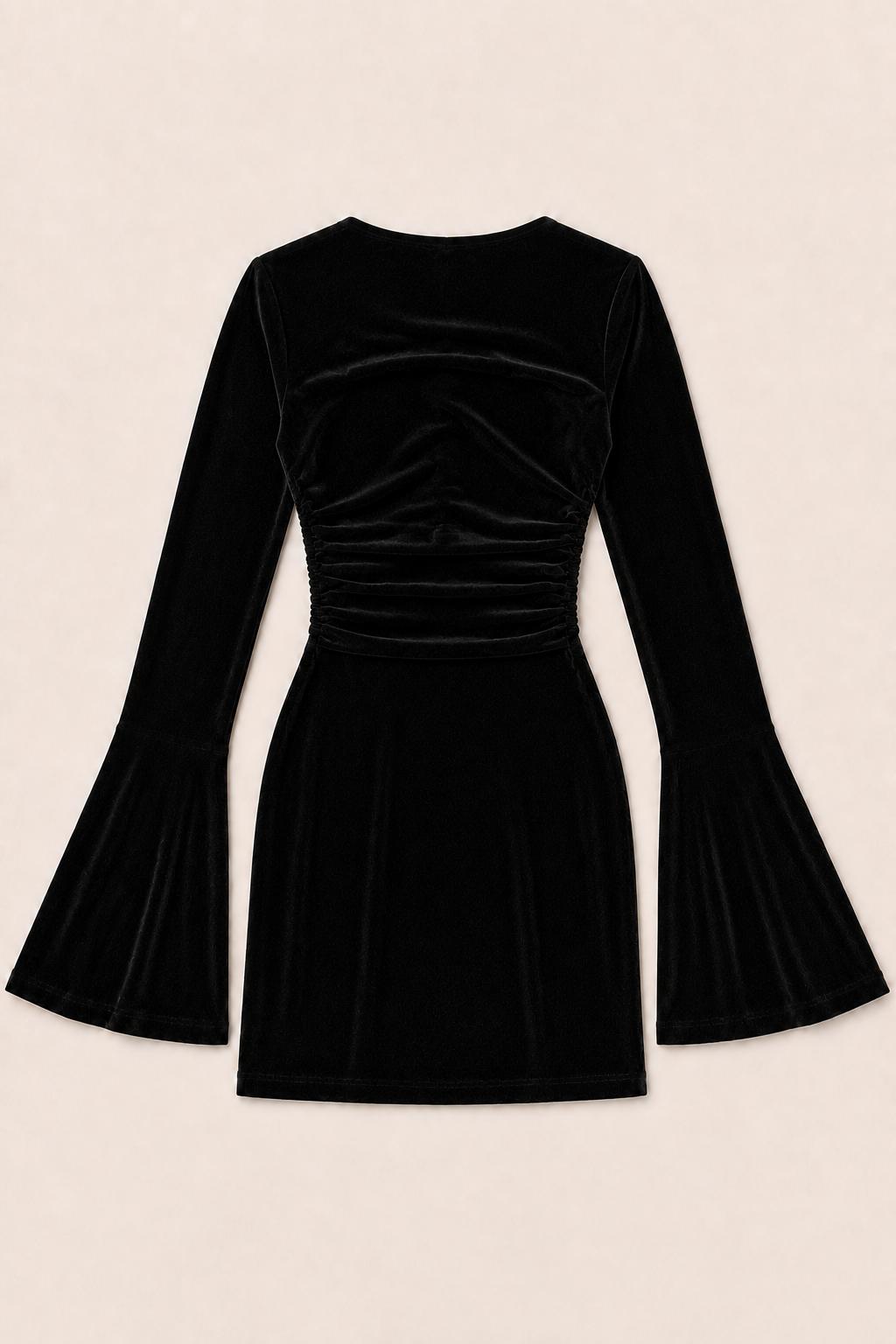 Lurex Cinched Mini Dress With Bell Sleeves - Black