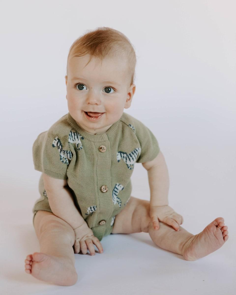 Organic Cotton Knit Jacquard Playsuit in Zebra - Sage