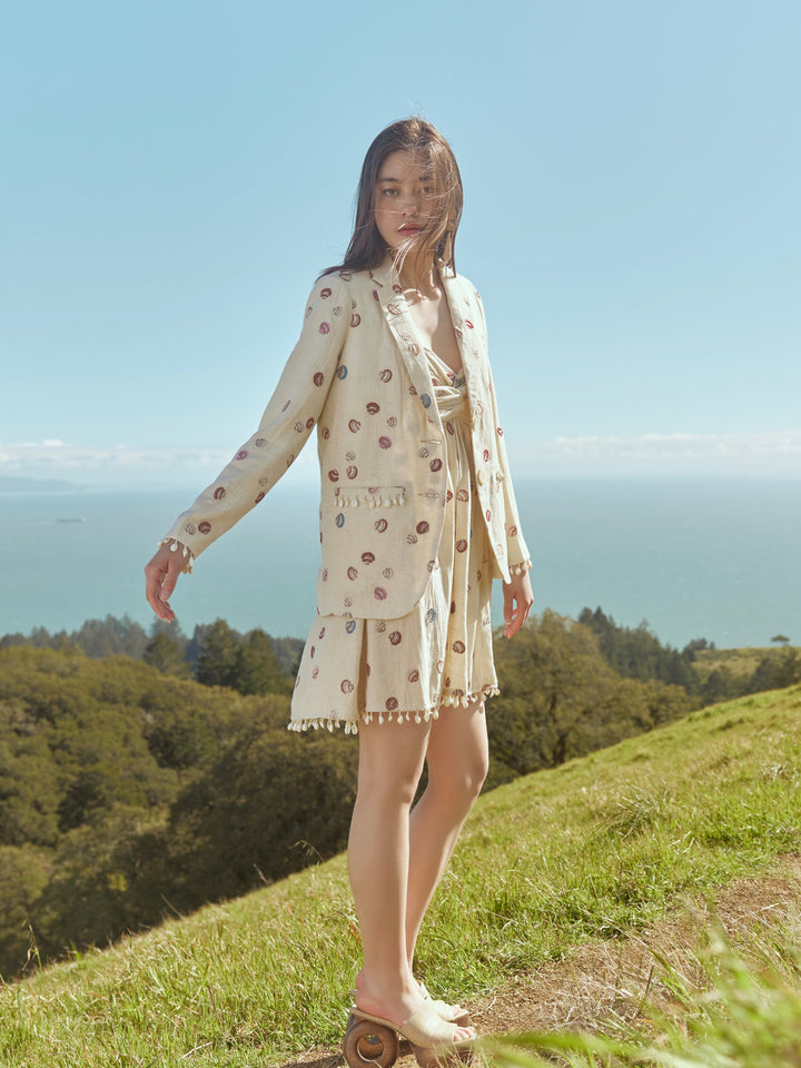 Katty Beaded Embroidered Mini Dress With Puka Fringe - Light Sand/Beaded Embroidered Shells With Puka Beaded Fringe