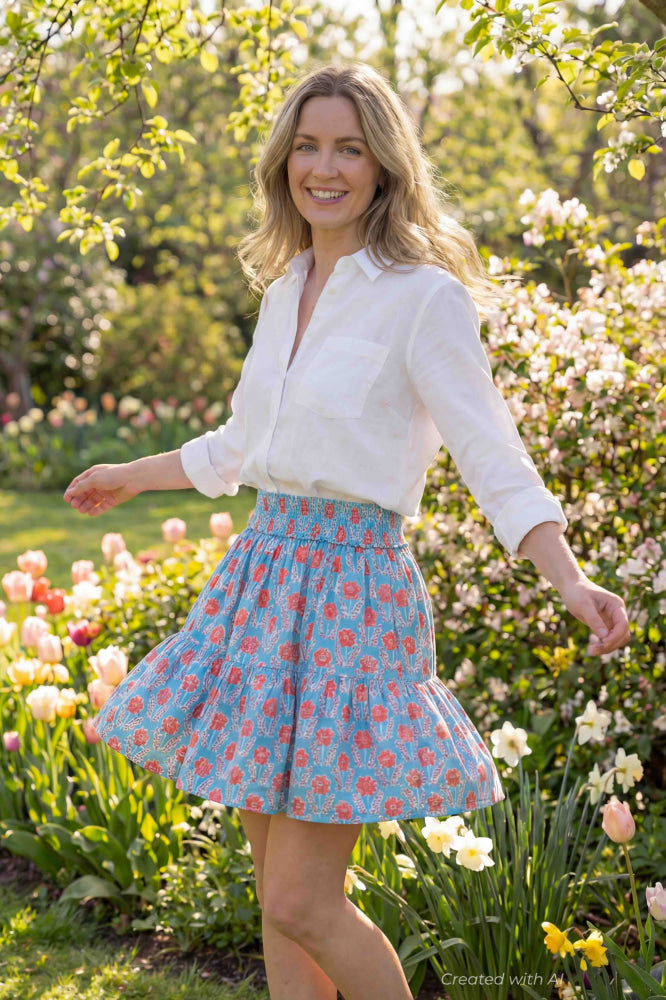 Sadie Skirt - Blue and Red Azalea - Skirt