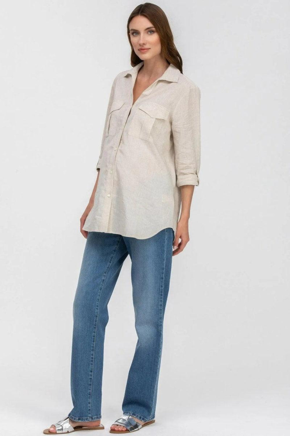 SAFARI POCKET Linen Utility Maternity Shirt - Oat Milk - Button Down Shirt