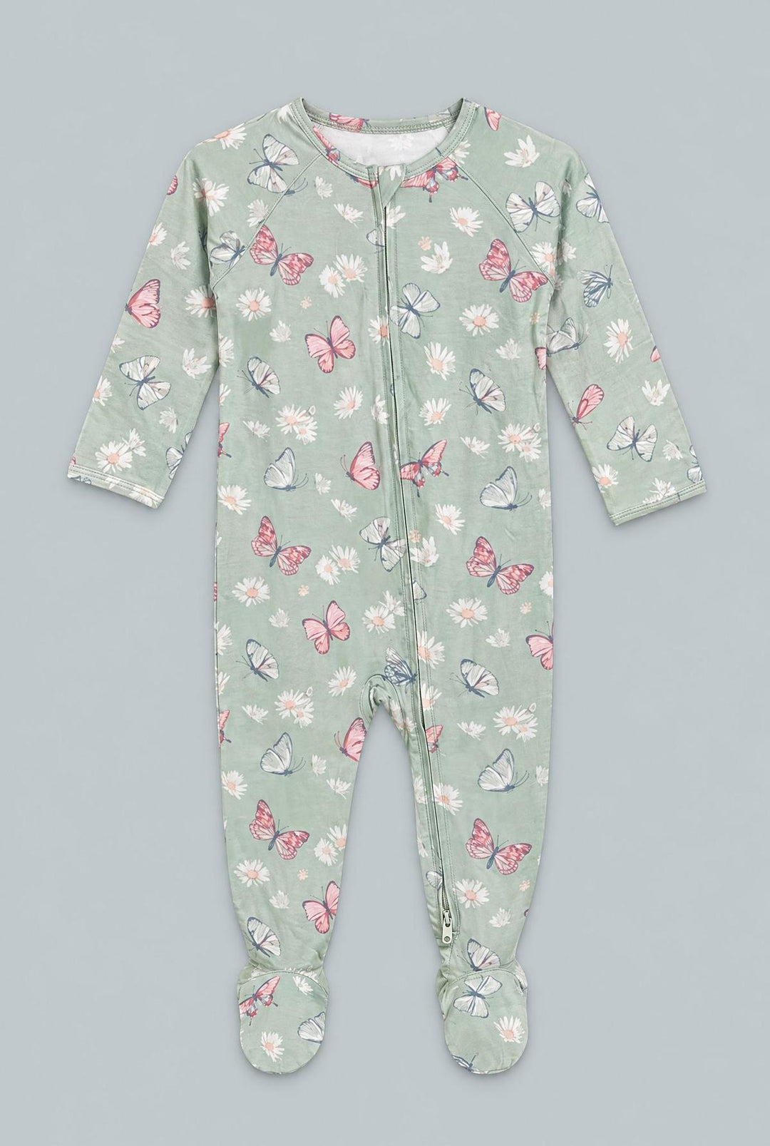 Butterfly Daisy Bamboo Zipper Footie - Butterfly Daisy Mint