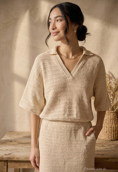 Sedona Crochet Polo Top - Natural - Shirt