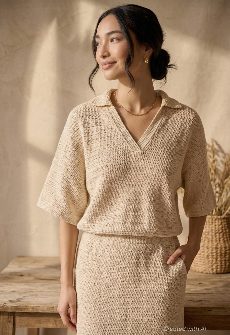 Sedona Crochet Polo Top - Natural - Shirt