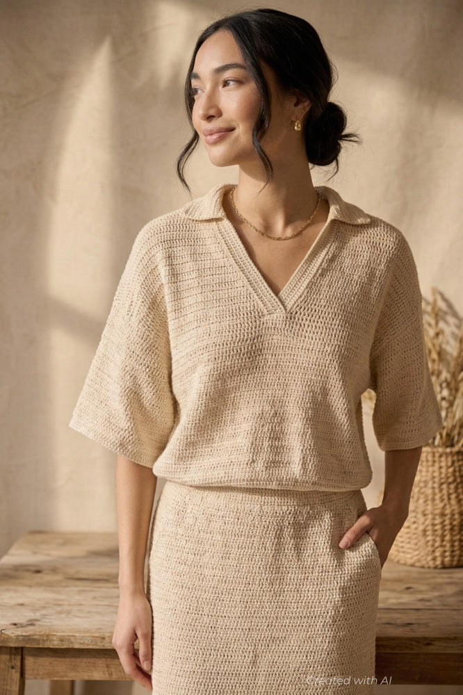 Sedona Crochet Polo Top - Natural - Shirt