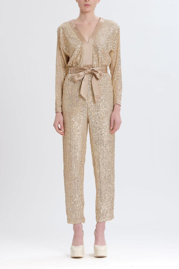 Sequin V-Neck Jumpsuit - Gold - Jumpsuit