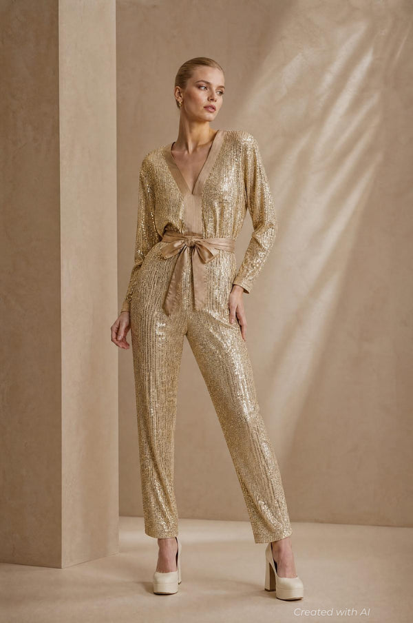 Sequin V-Neck Jumpsuit - Gold - Jumpsuit