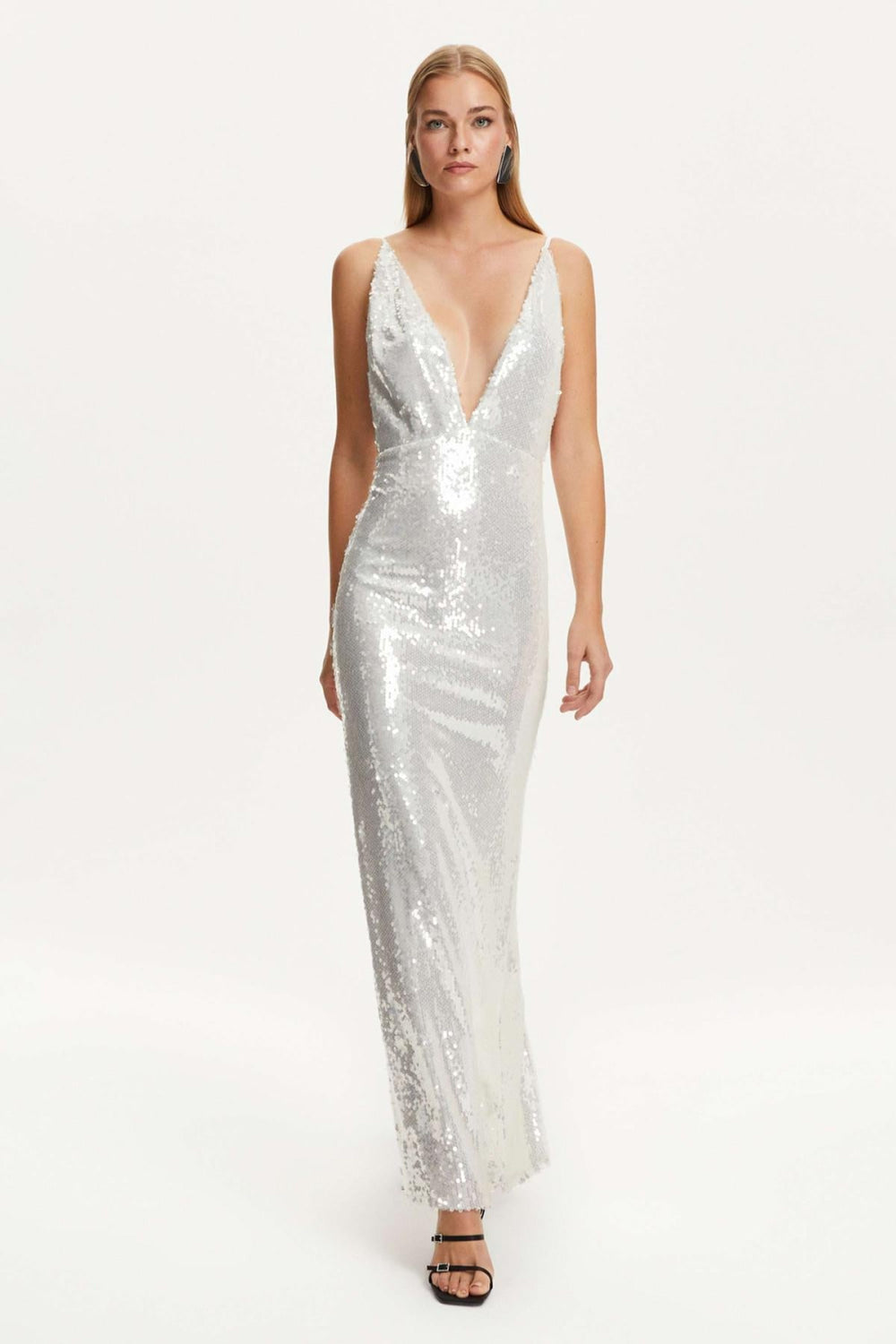 Sequined Thin Strap Long Dress - off-white - Dresses