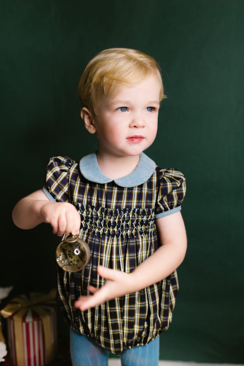 Angelica Navy Tartan Short Sleeve Smocked Bubble - Checkered/Plaid/Blue