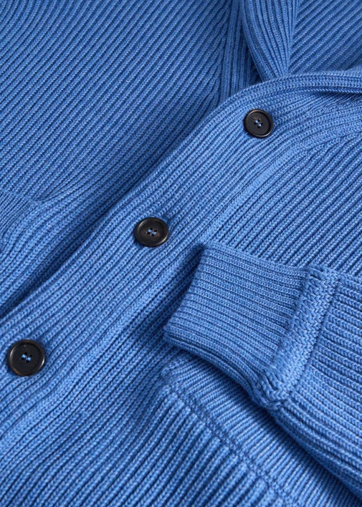Shawl Collar Ribbed Cardigan - Blue - Cardigan
