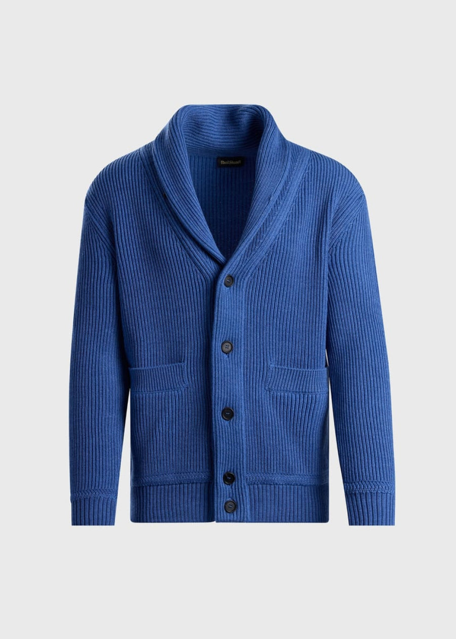 Shawl Collar Ribbed Cardigan - Blue - Cardigan