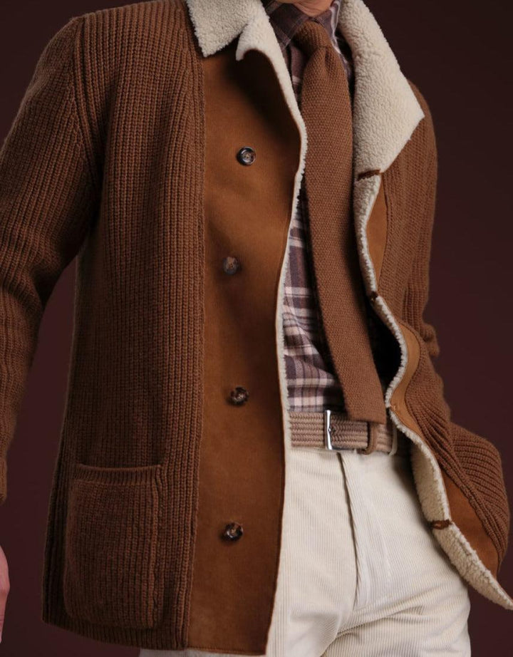 Shearling Trim Cardigan - Tobacco - Cardigan