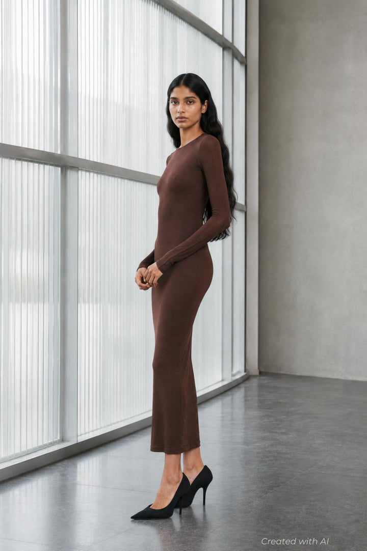 Sheer Dress Midi - Dark Brown - Dresses