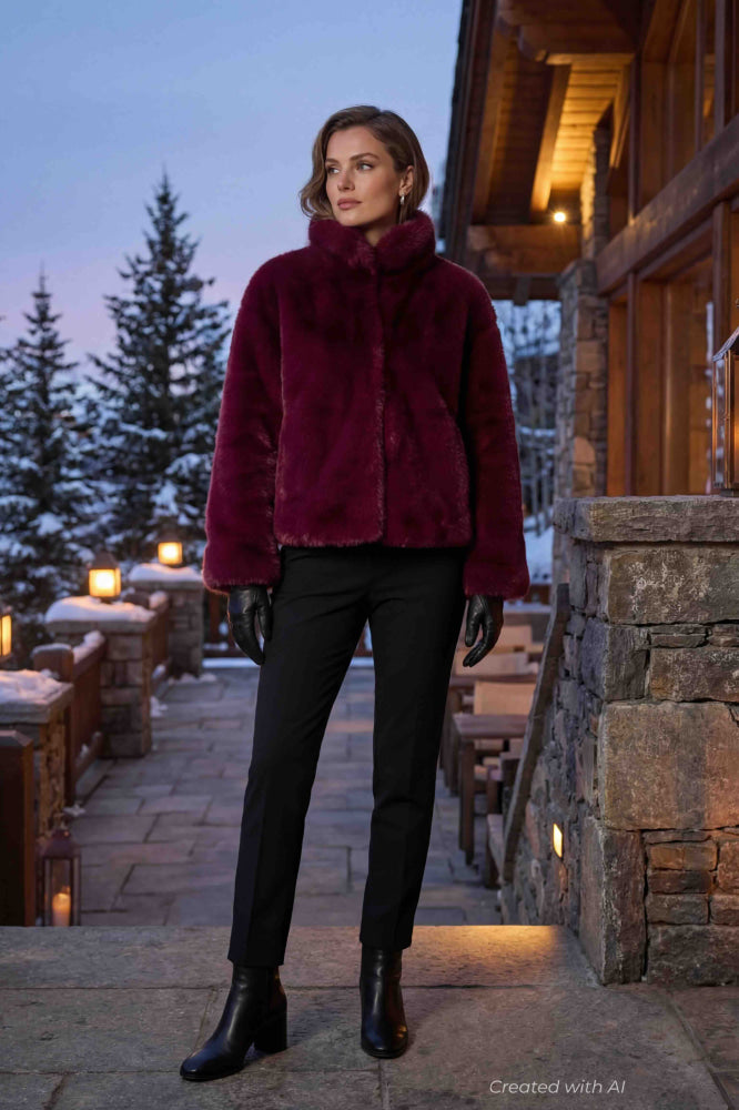 Short Faux Fur Jacket - Burgundy - Jacket