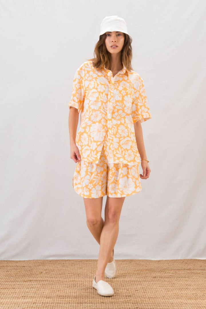 Short Sleeve Boyfriend Shirt - Hibiscus Apricot - Button Down Shirt