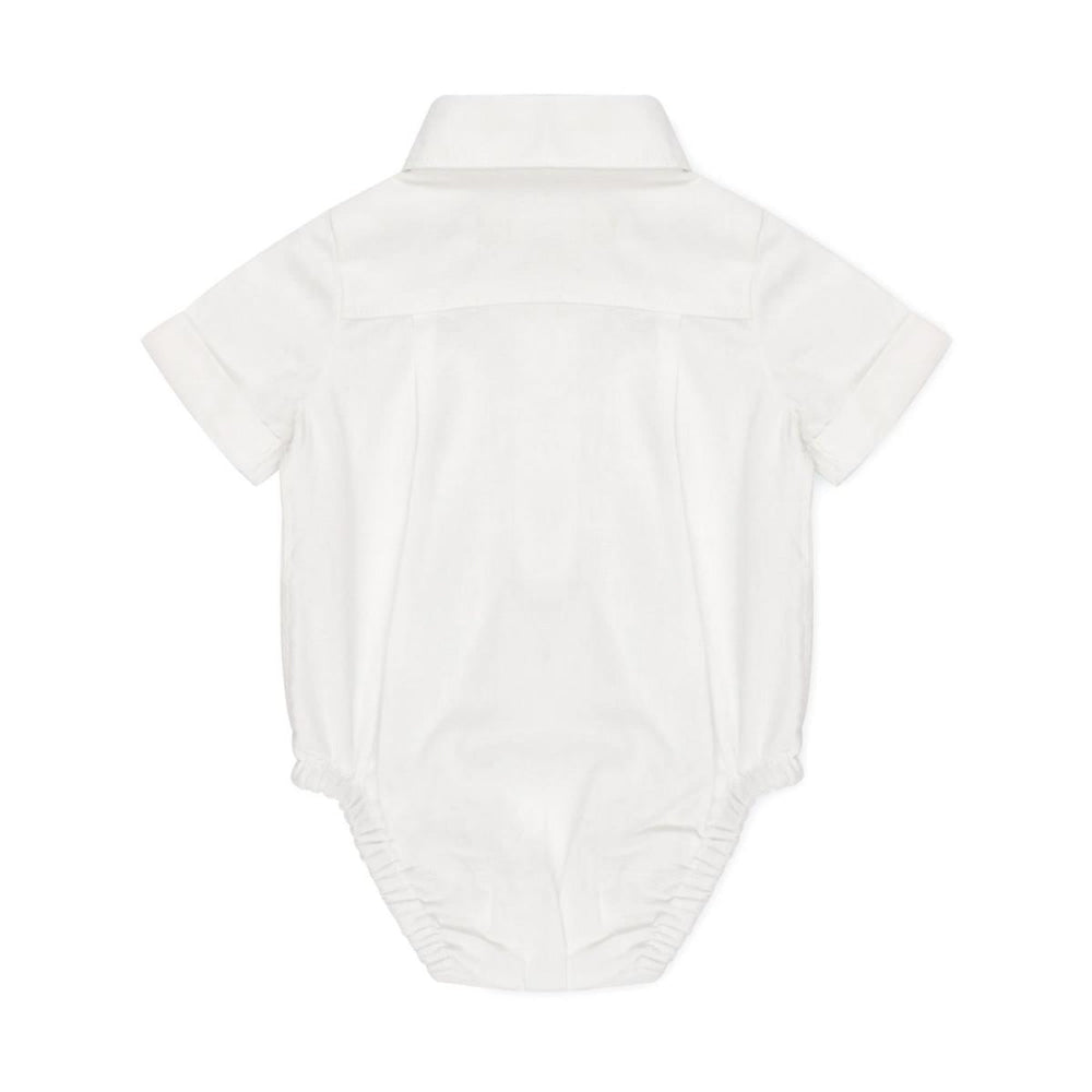 Short Sleeve Button Down Bodysuit - White Linen - Bodysuit