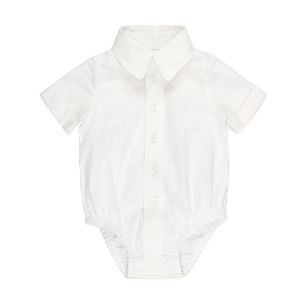 Short Sleeve Button Down Bodysuit - White Linen - Bodysuit