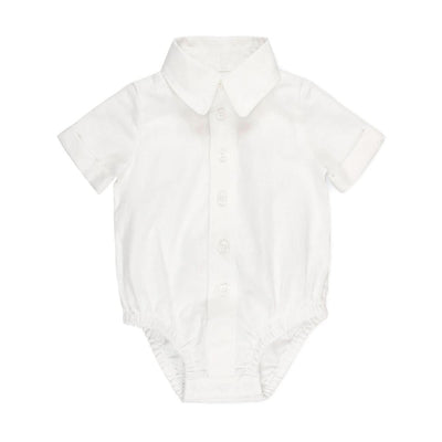 Short Sleeve Button Down Bodysuit - White Linen - Bodysuit