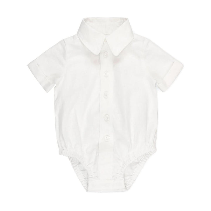 Short Sleeve Button Down Bodysuit - White Linen - Bodysuit