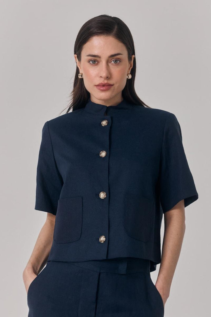 Short Sleeve Linen Jacket - Navy - Jacket
