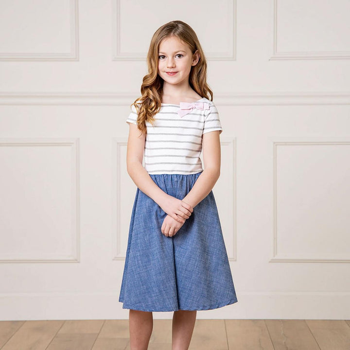 Short Sleeve Organic Knit Skater Dress - White and Gray Stripe - Dresses