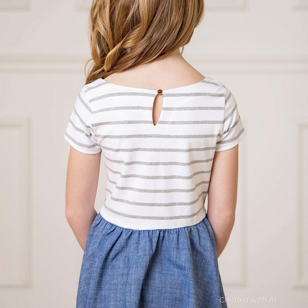 Short Sleeve Organic Knit Skater Dress - White and Gray Stripe - Dresses