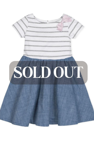 Short Sleeve Organic Knit Skater Dress - White and Gray Stripe - Dresses