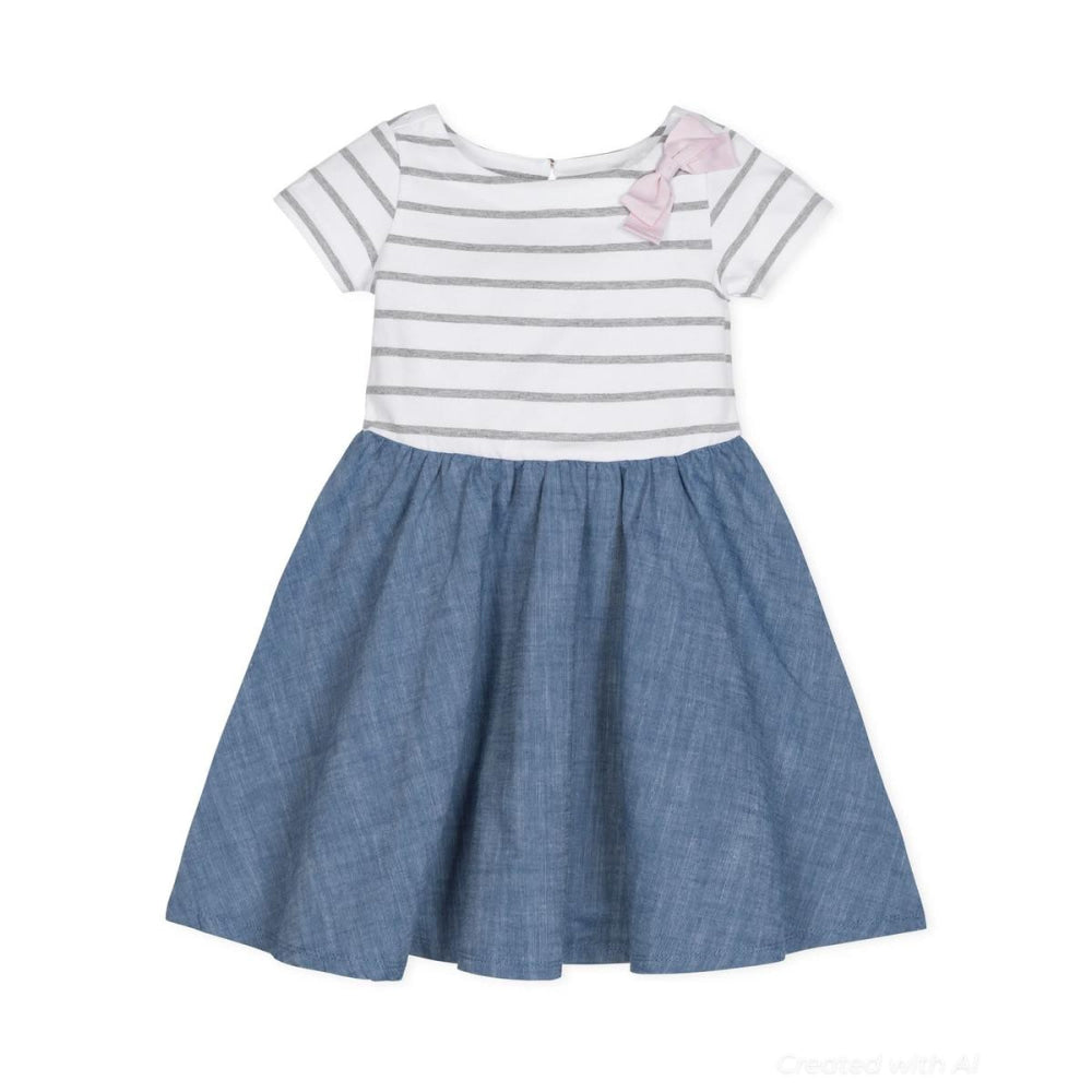 Short Sleeve Organic Knit Skater Dress - White and Gray Stripe - Dresses