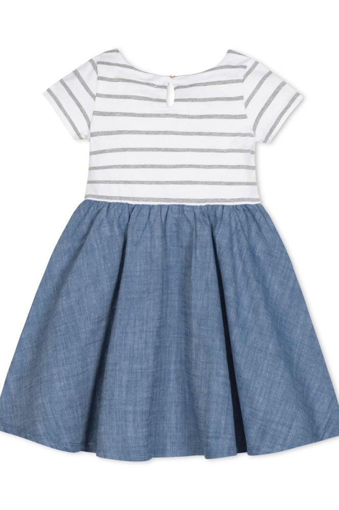 Short Sleeve Organic Knit Skater Dress - White and Gray Stripe - Dresses