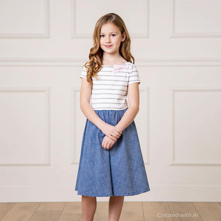 Short Sleeve Organic Knit Skater Dress - White and Gray Stripe - Dresses