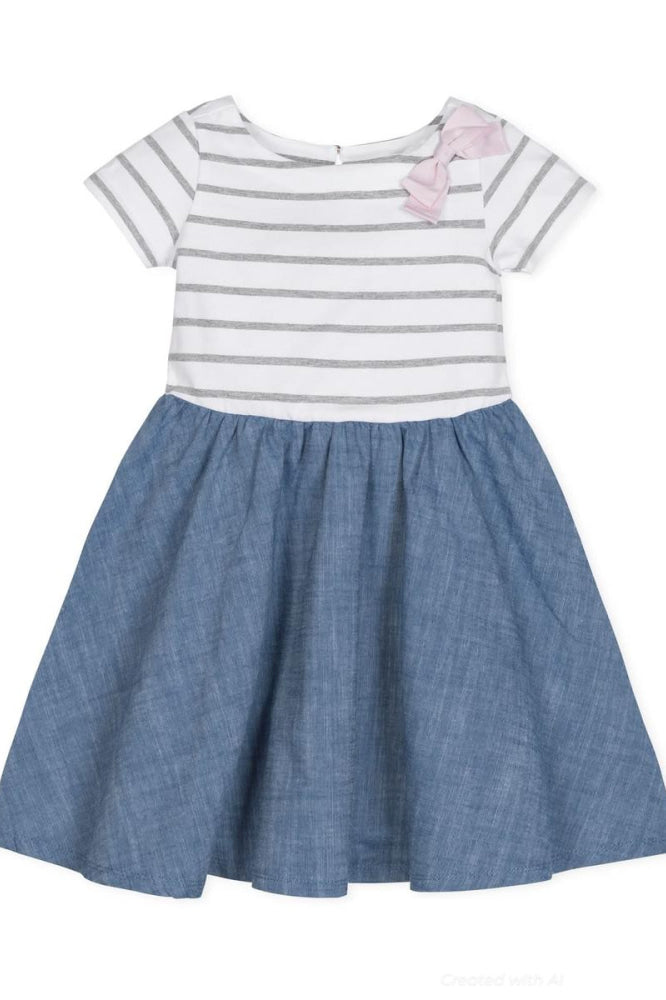 Short Sleeve Organic Knit Skater Dress - White and Gray Stripe - Dresses