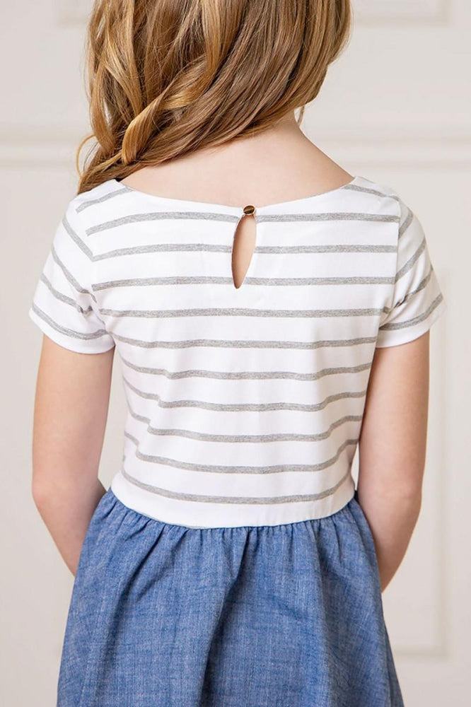 Short Sleeve Organic Knit Skater Dress - White and Gray Stripe - Dresses
