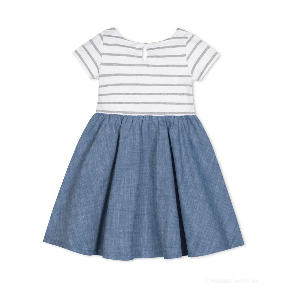 Short Sleeve Organic Knit Skater Dress - White and Gray Stripe - Dresses