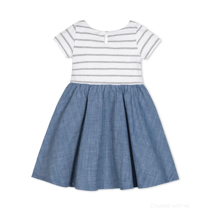 Short Sleeve Organic Knit Skater Dress - White and Gray Stripe - Dresses