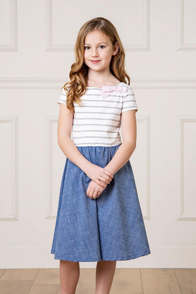 Short Sleeve Organic Knit Skater Dress - White and Gray Stripe - Dresses