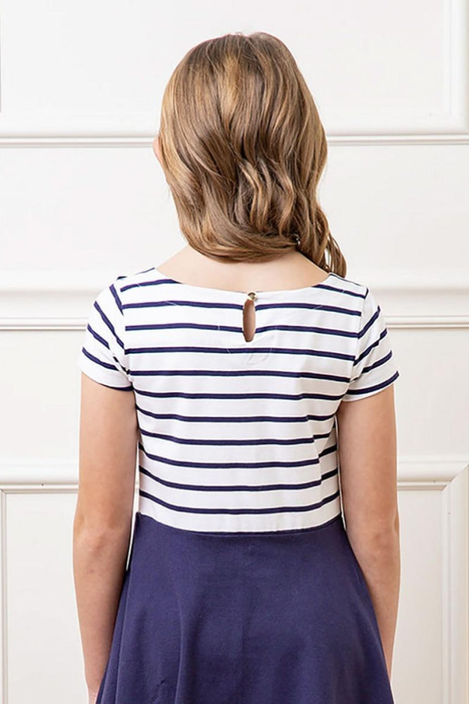 Short Sleeve Organic Knit Skater Dress - White and Navy Stripe - Dresses