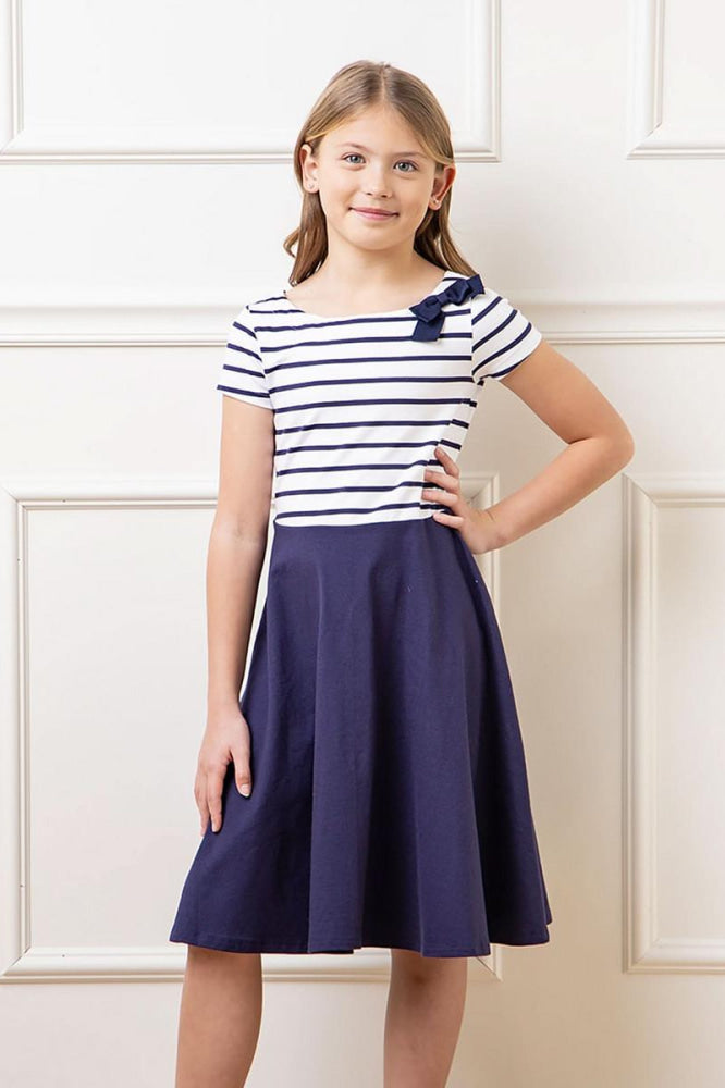 Short Sleeve Organic Knit Skater Dress - White and Navy Stripe - Dresses