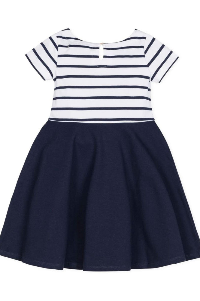 Short Sleeve Organic Knit Skater Dress - White and Navy Stripe - Dresses
