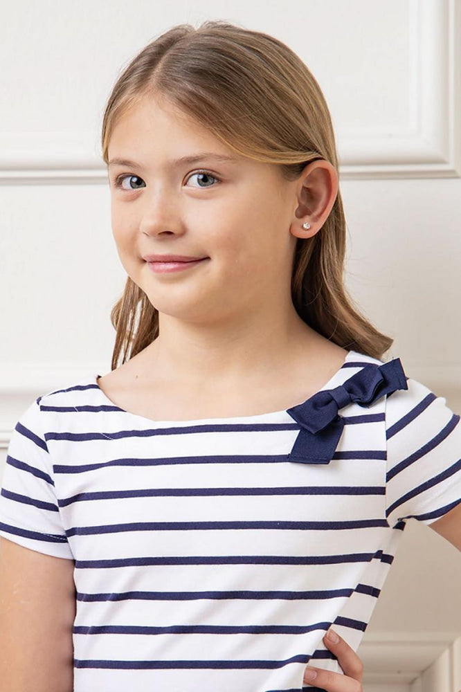 Short Sleeve Organic Knit Skater Dress - White and Navy Stripe - Dresses