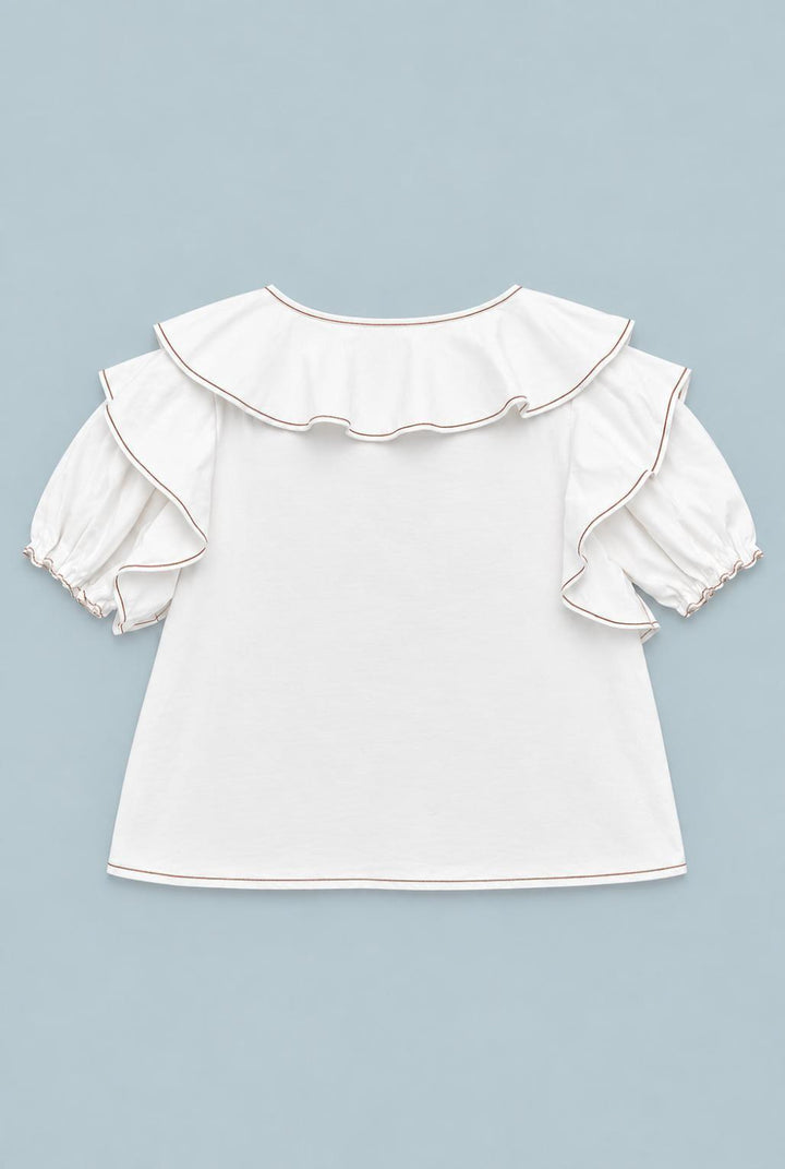 Short Sleeve Ruffle Top - Ivory - M - Blouse
