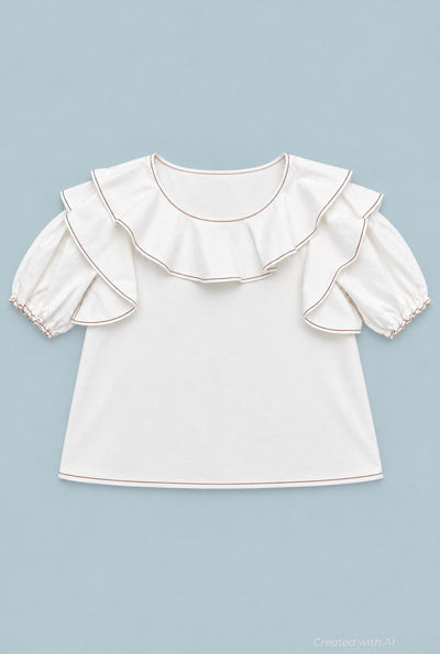 Short Sleeve Ruffle Top - Ivory - M - Blouse