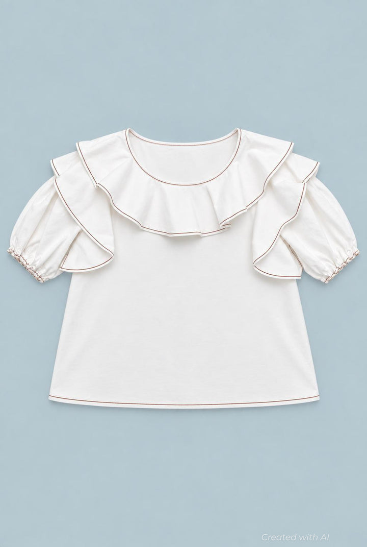Short Sleeve Ruffle Top - Ivory - M - Blouse