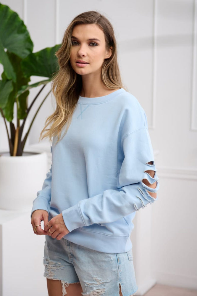 Shredded Blair Crew Neck Sweatshirt - Powder Blue - Crewneck Sweatshirt