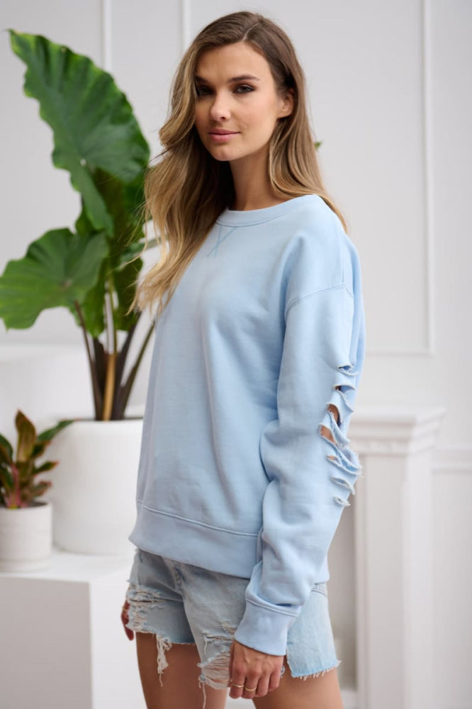 Shredded Blair Crew Neck Sweatshirt - Powder Blue - Crewneck Sweatshirt